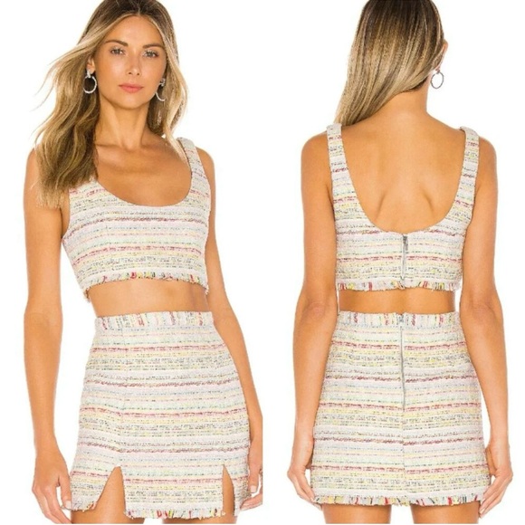 NBD Dresses & Skirts - NBD Shawna Tweed Pastel Crop Top & Mini Skirt Set S | Fringe Hem 2-Piece Outfit